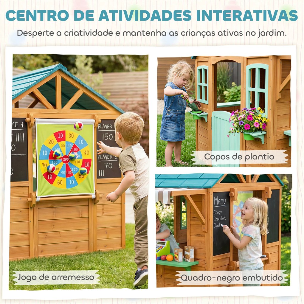Casa Infantil para Exterior e Interior de Madeira com Balcão  Floreiras Quadro Janelas Alvo e 4 Bolas 142x120x141,5 cm Madeira