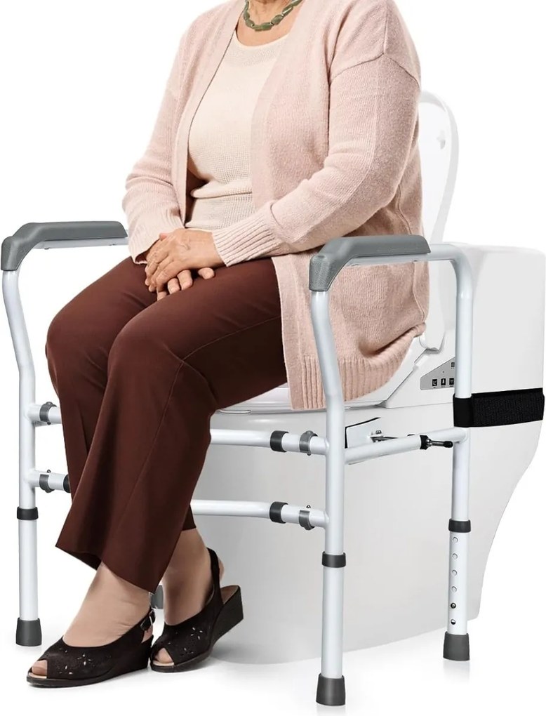 Suporte para sanita para idosos com suporte de elevação Estrutura de segurança ajustável com braçadeira giratória 360° e apoio para braços antiderrapa