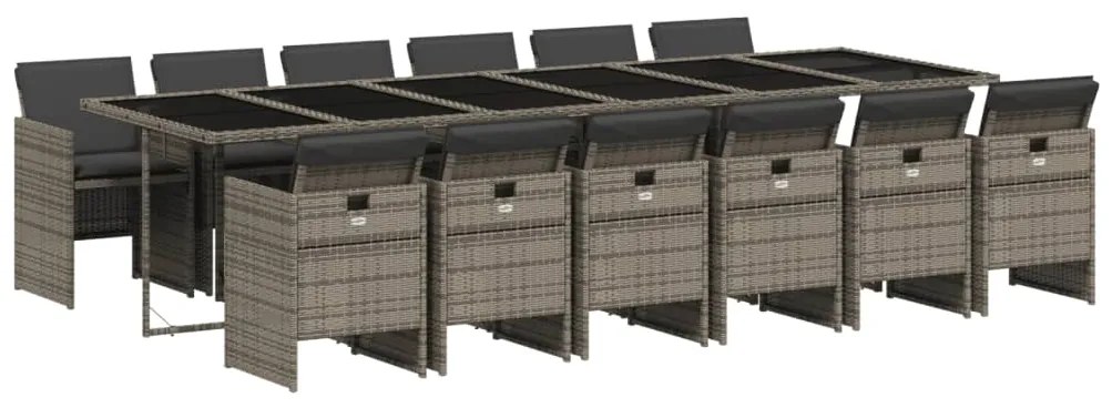 13 pcs conjunto jantar p/ jardim c/ almofadões vime PE cinzento