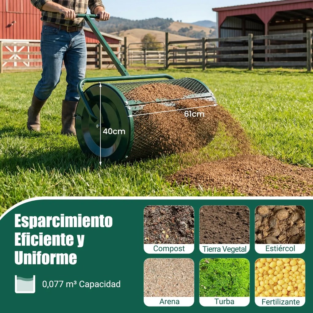 Espalhador de composto para Jardim de 31 cm com rolo para turfa e cabo em T ajustável em altura, com cesto de malha metálica para jardim ou relvado, V