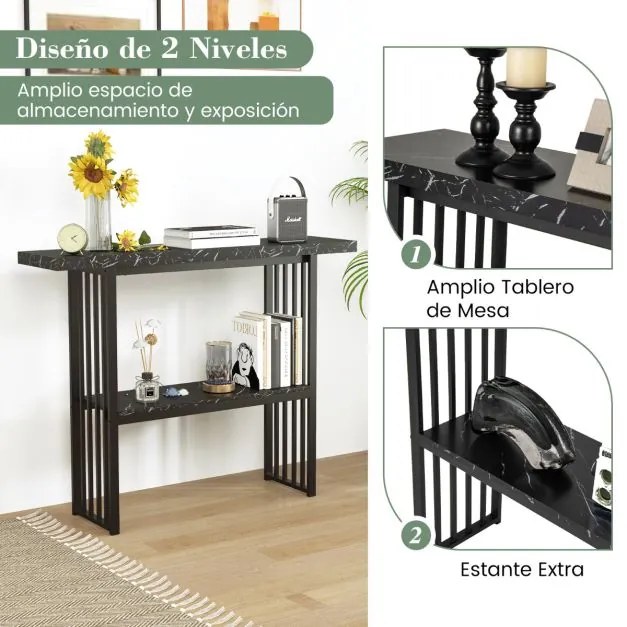 Mesa Consola de 2 Níveis Estreita em Imitação de Mármore com Estrutura em Aço 120 x 29,5 x 92,5 cm Preta