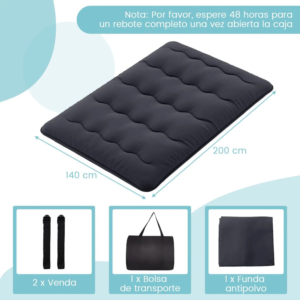 Colchão enrolável para o chão com capa lavável com bolsa de transporte 200 x 140 x 10 cm - preto