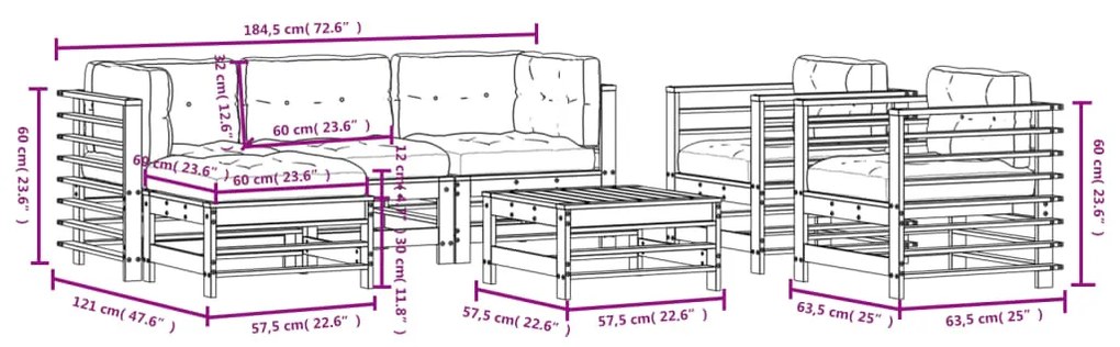 7pcs conjunto lounge jardim c/ almofadões madeira maciça branco