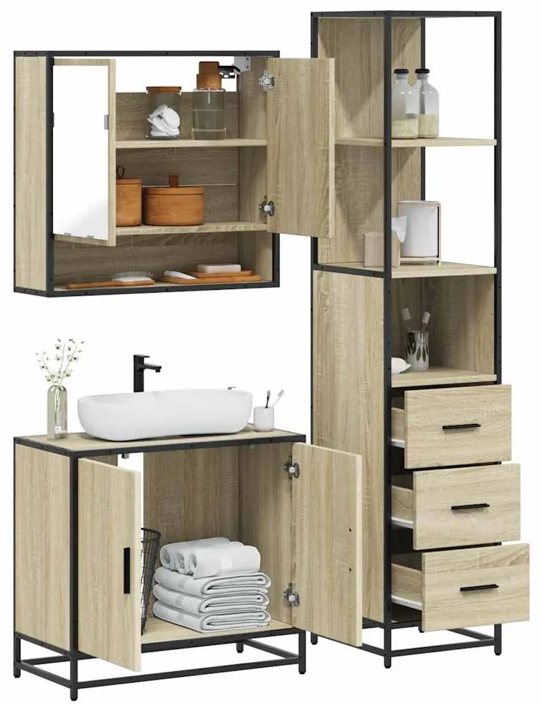 vidaXL 3 pcs conj. móveis casa banho derivados madeira carvalho sonoma