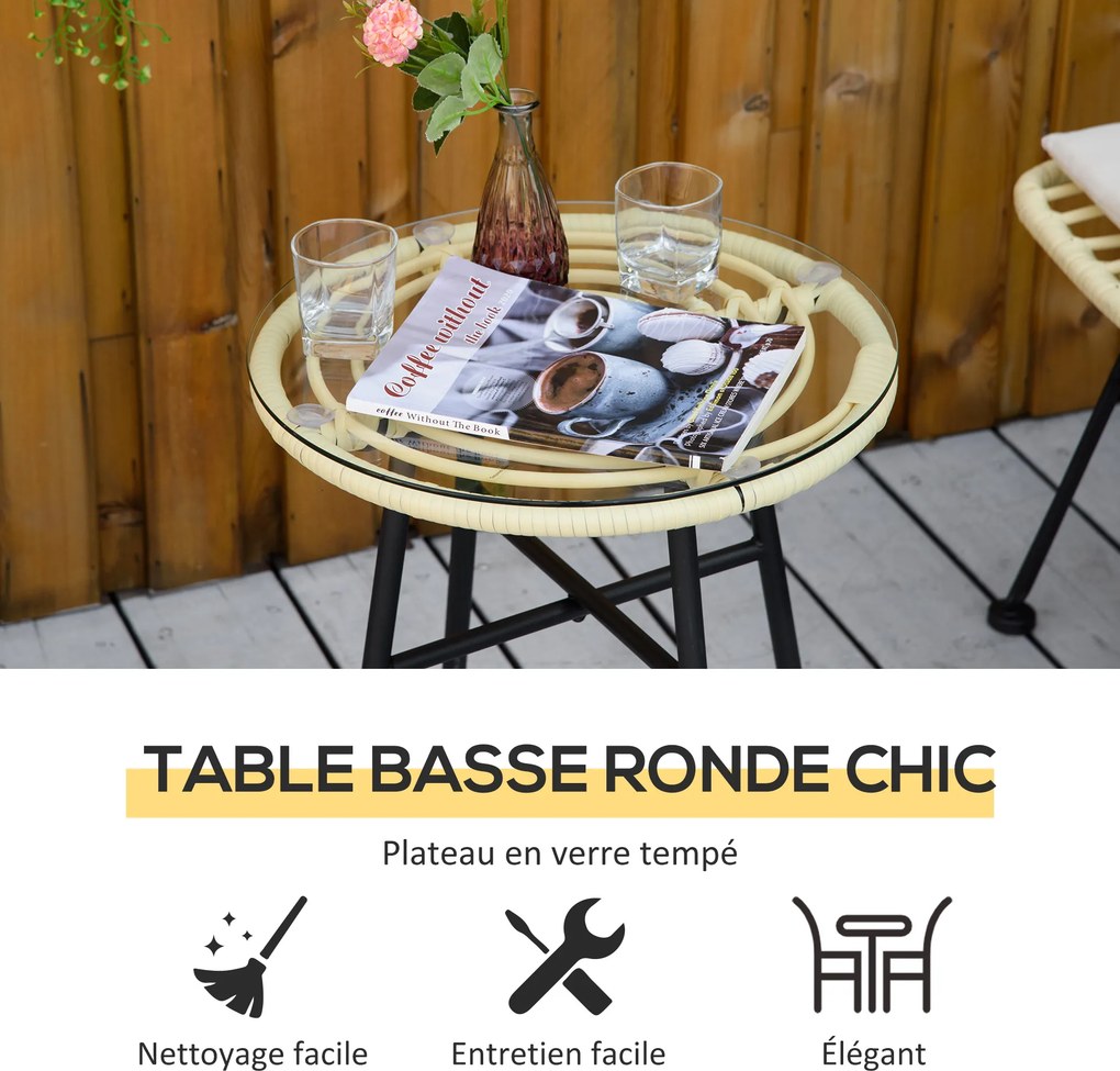 Conjunto de bistrô de jardim de 3 peças: 2 cadeiras + mesa de centro redonda em vidro temperado, 2 almofadas com fecho de correr e capa removível em p