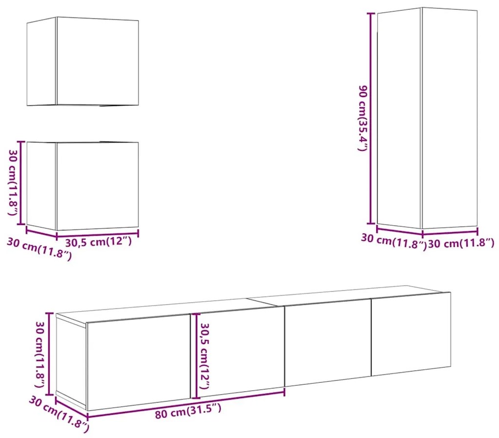 Conjunto de armário TV parede 5 pcs madeira carvalho artisiano