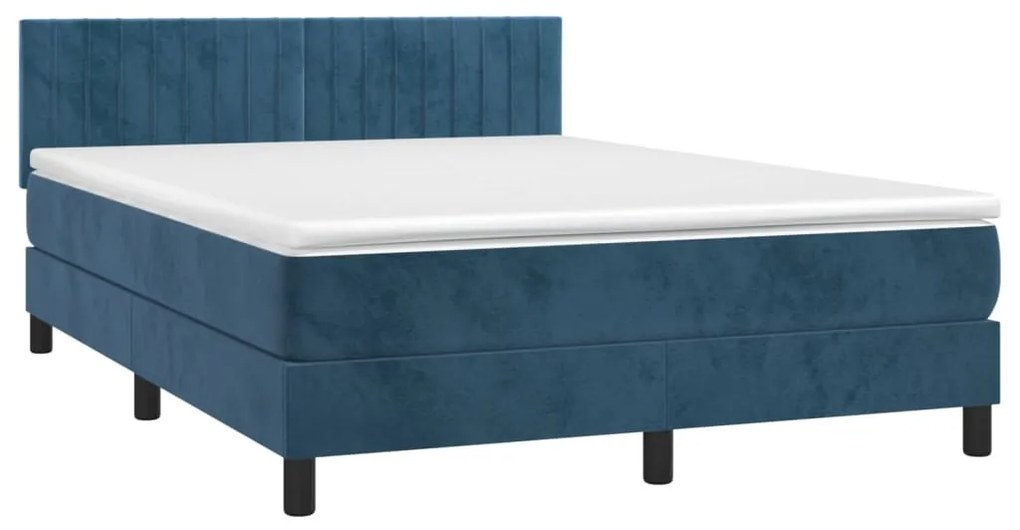 Cama box spring c/ colchão/LED 140x200 cm veludo azul-escuro
