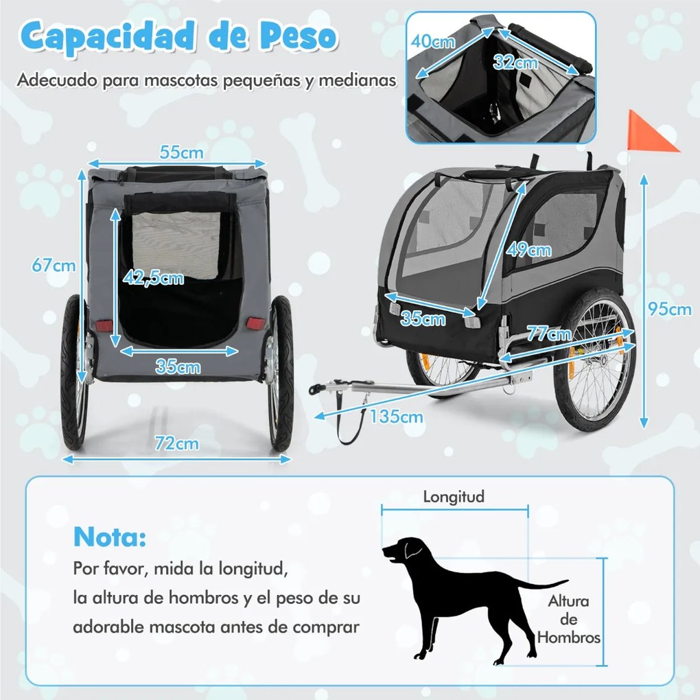 Reboque de bicicleta para animais de estimação com rodas Capacidade 40 kg Transportador de 2 portas para cães médios 60,5 x 135 x 95 cm Cinza