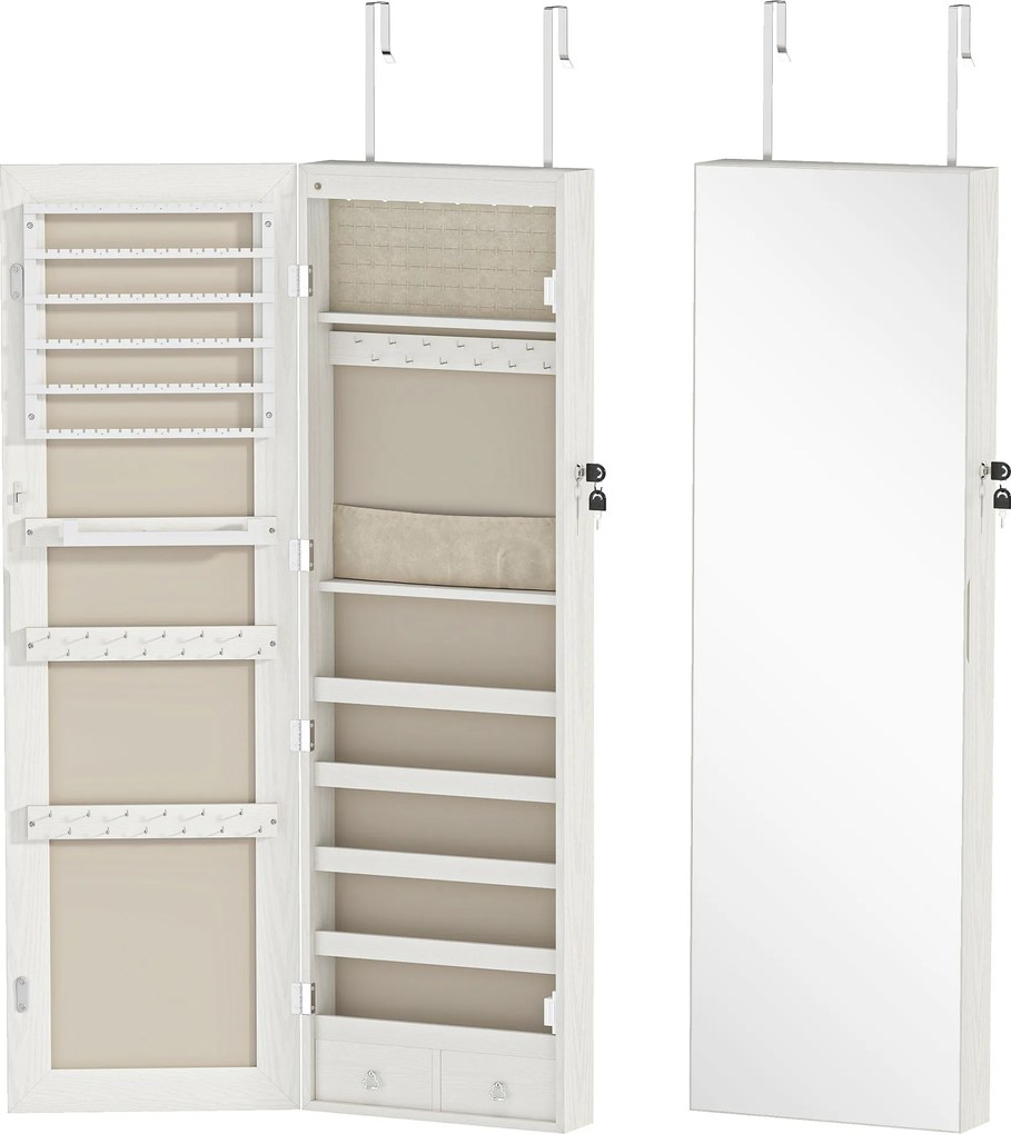 Espelho de Joias com Luz LED, Armário Montado na Parede ou Porta com Fechadura e Espelho Branco de Corpo Inteiro