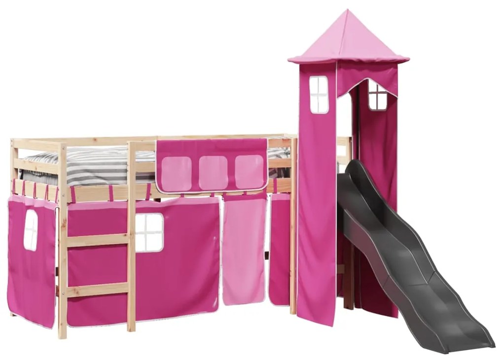 Cama alta para criança com torre 90x200 cm pinho maciço rosa