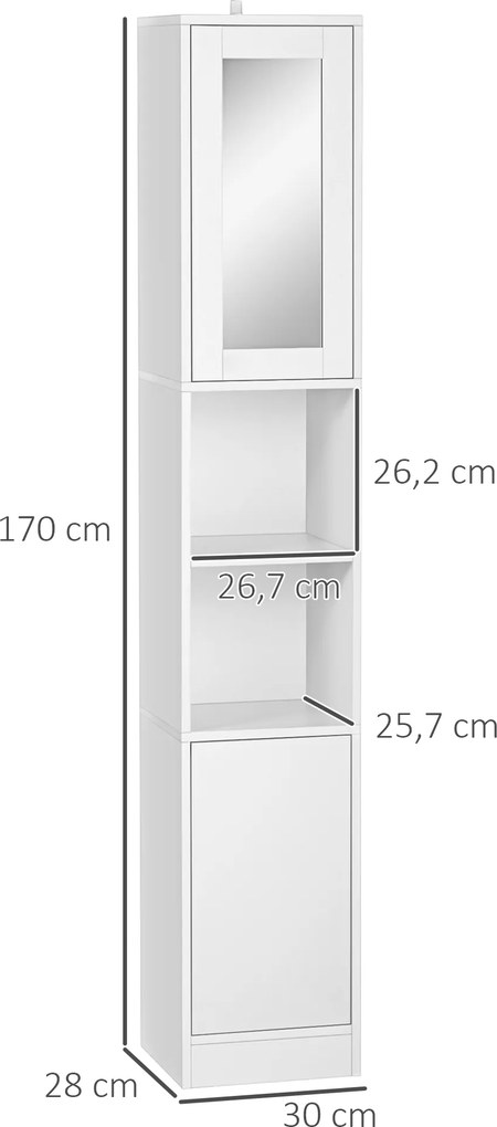 Armário casa de banho 30 x 28 x 170 cm, móvel de arrumação em coluna com espelho, 2 portas, prateleiras ajustáveis, branco