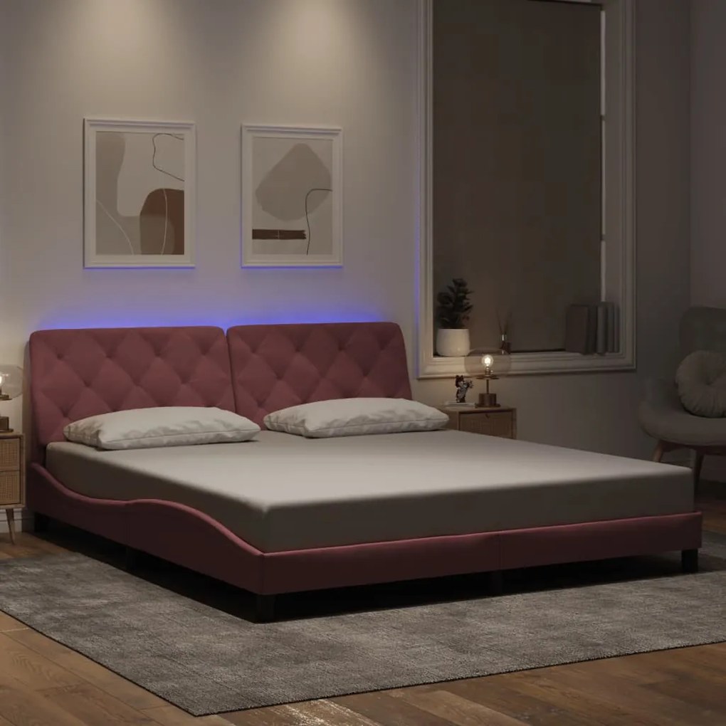 vidaXL Estrutura de cama c/ luzes LED 180x200 cm veludo rosa