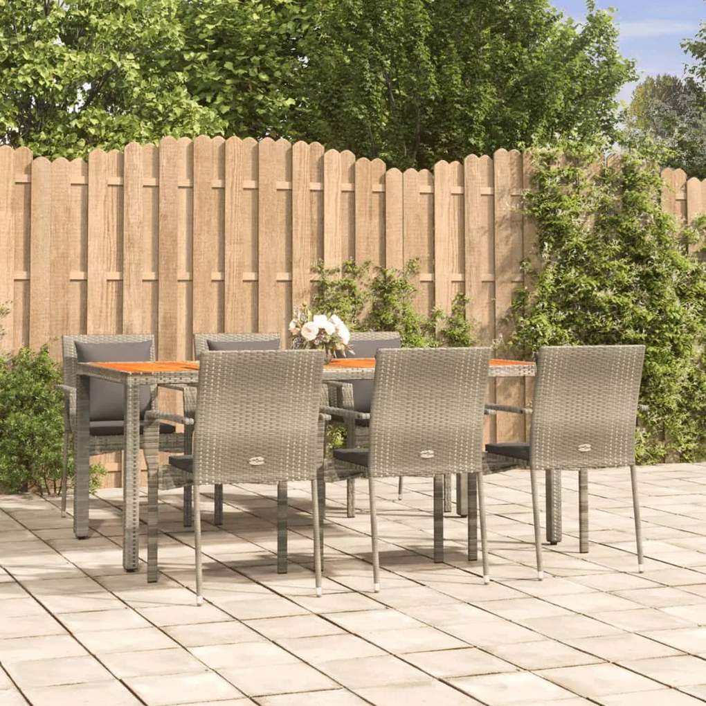 vidaXL 7 pcs conjunto de jantar p/ jardim c/ almofadões vime PE cinza