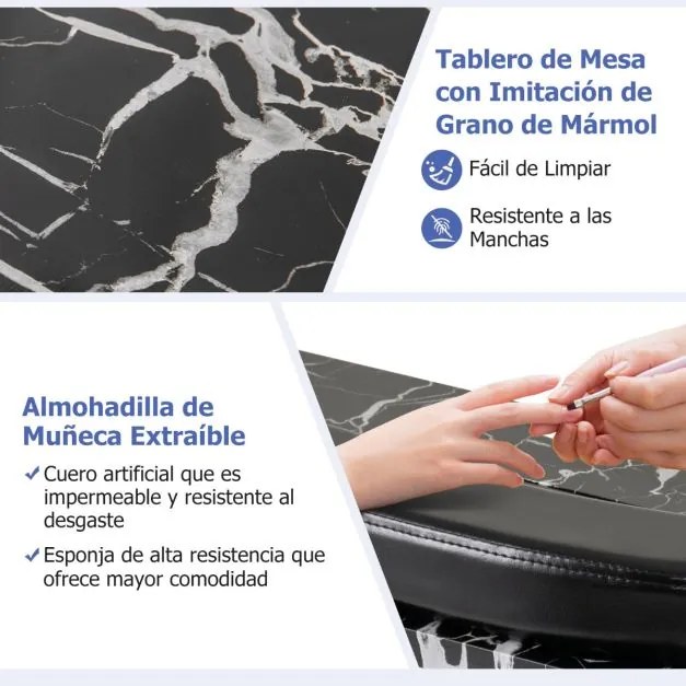 Mesa de manicure dobrável com aspirador de pó elétrico Luz LED 4 rodas com travão 90 x 40 x 77 cm Preta