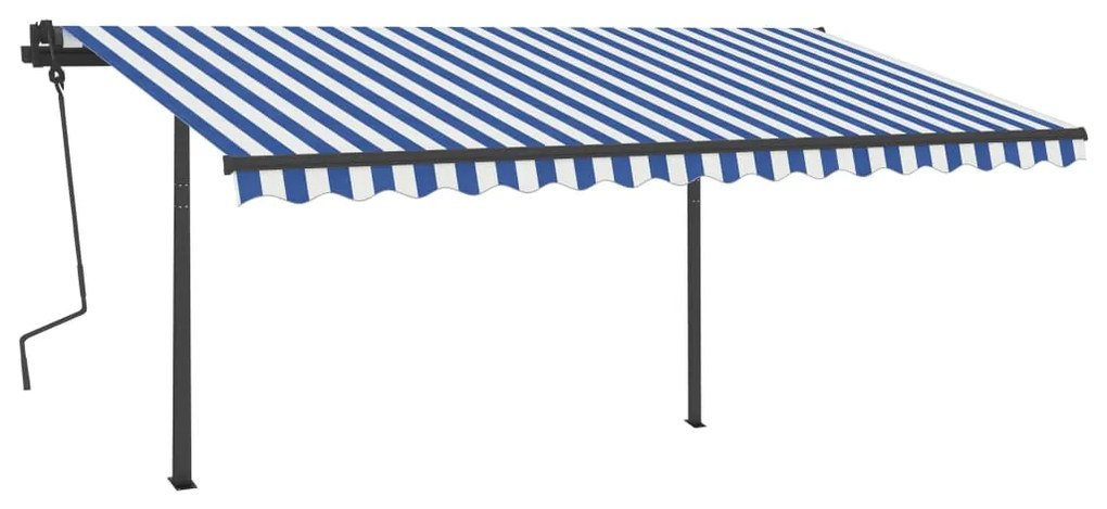 Toldo retrátil manual com postes 4,5x3,5 m azul e branco