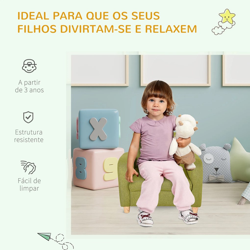Sofá Infantil Mini Sofá para Crianças acima de 3 anos com Assento Acolchoado e Apoio para os Braços 49x45x44 cm Verde