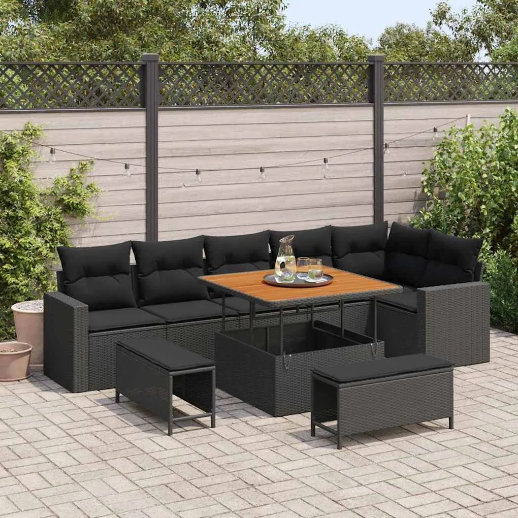 vidaXL Sofá de Jardim com 9 Peças e Almofadas Pretas em Rattan Sintético e Acácia.