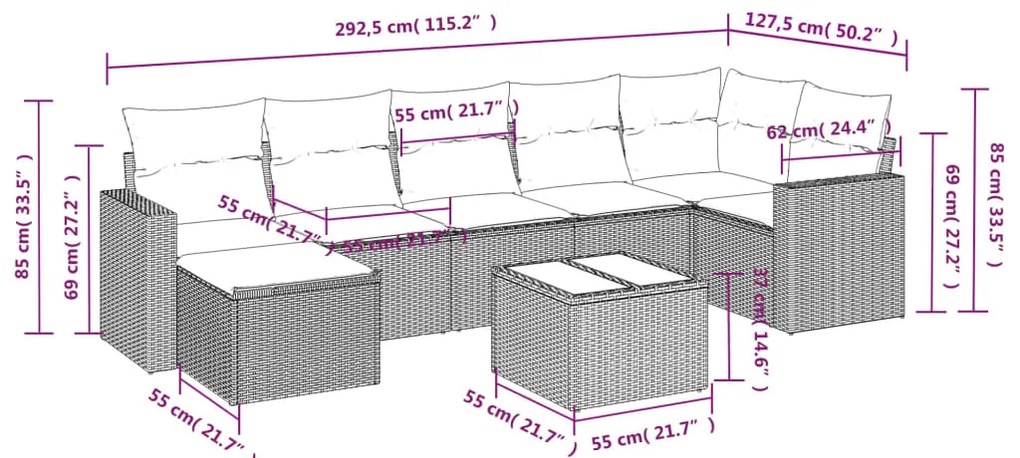 8 pcs conjunto sofás de jardim c/ almofadões vime PE castanho