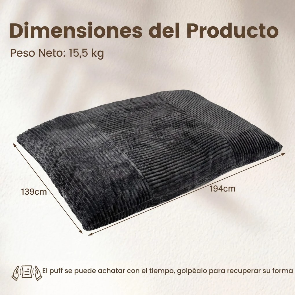 Puff-Cama 2 em 1, 194 x 139 x 19 cm, Capa Removível e Lavável, Cinzento-escuro