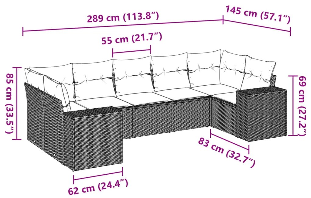 7 pcs conjunto de sofás p/ jardim com almofadões vime PE bege