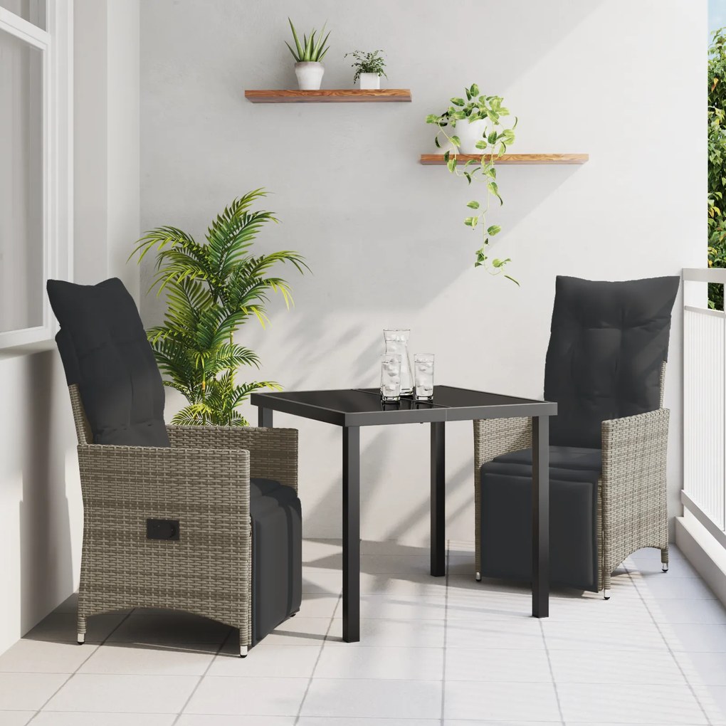 vidaXL Conjunto de 3 peças de Jantar de Jardim com Almofadas Cinzas em Vime Sintético