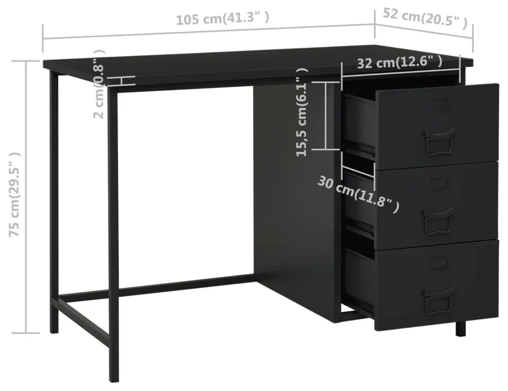 Secretária industrial c/ gavetas 105x52x75 cm aço preto