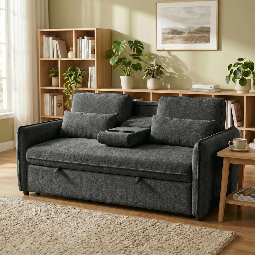 Sofá-Cama 2 Lugares 3 em 1 com Mesa Auxiliar Porta-Copos Encosto Ajustável Bolsos Laterais 2 Almofadas Cinzento Escuro