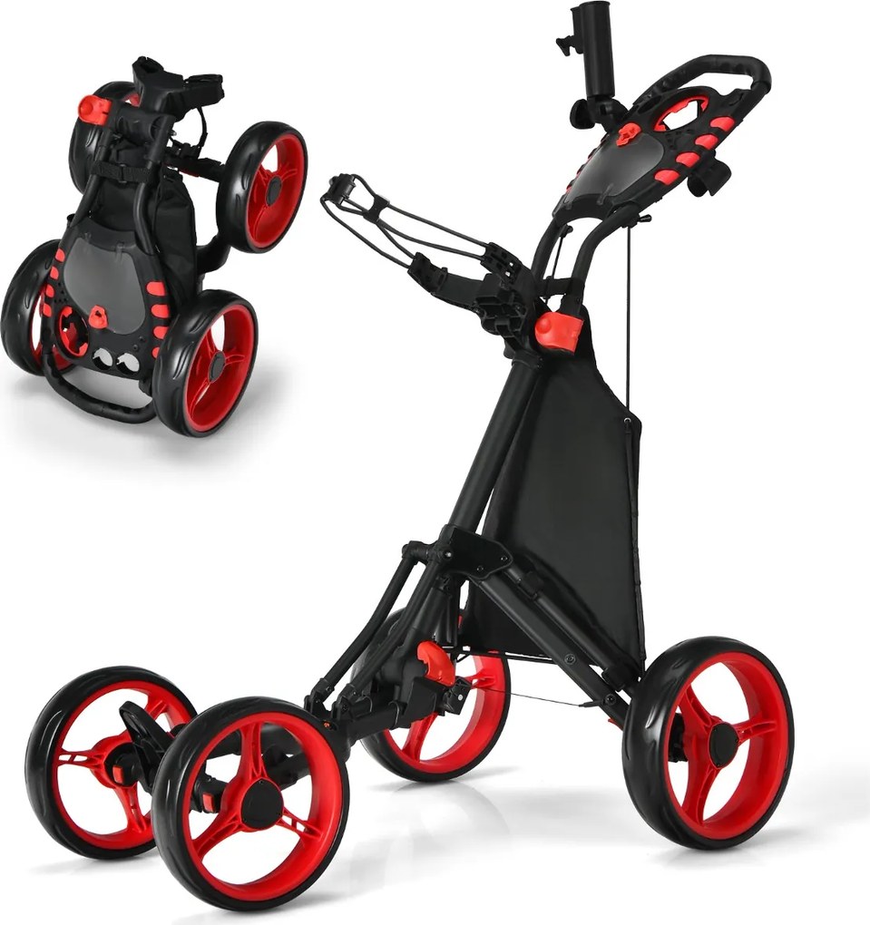 Carrinho de golfe dobrável, leve e de 4 rodas, com saco impermeável e travão de pé, suporte ajustável para guarda-chuva e copo - vermelho