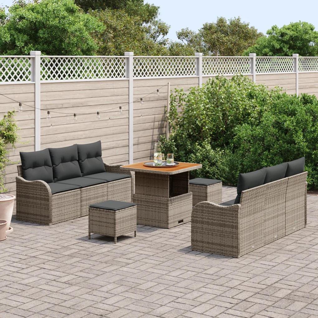 Conjunto de Sofá de Jardim vidaXL 9 Peças com Almofadas Cinza Poliratt