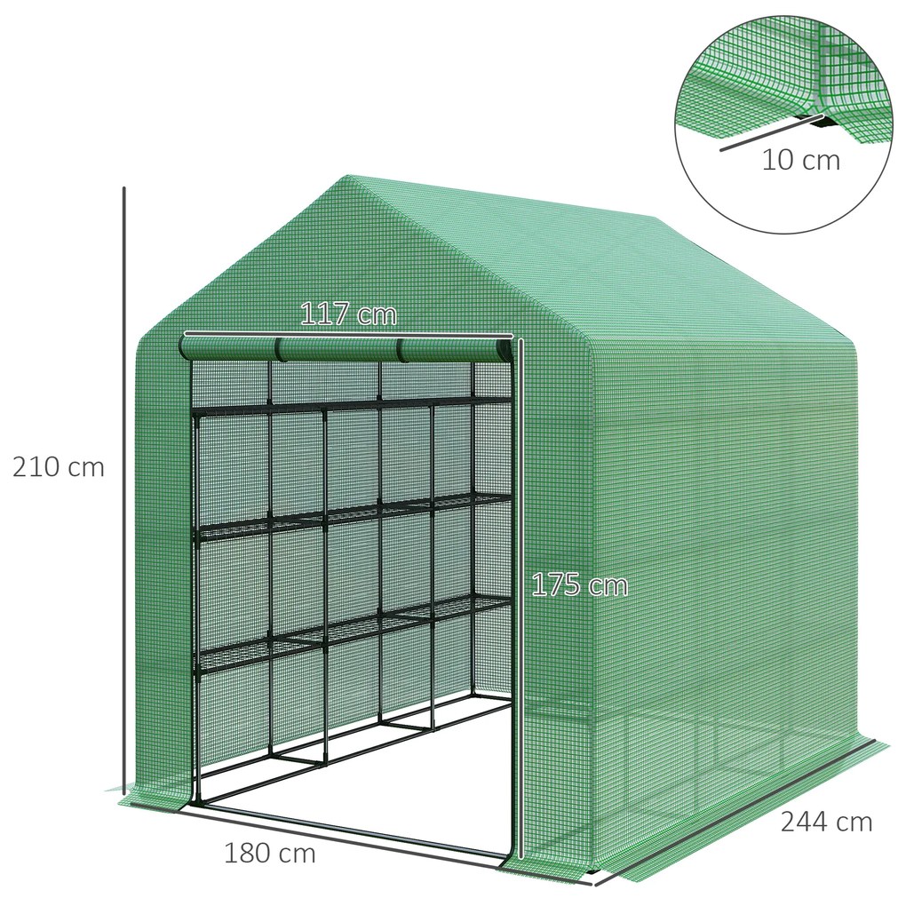 Estufa de Jardim Estufa de Exterior com Prateleiras de 4 Níveis Porta com Fecho de Correr e Estrutura de Aço 244x180x210 cm Verde