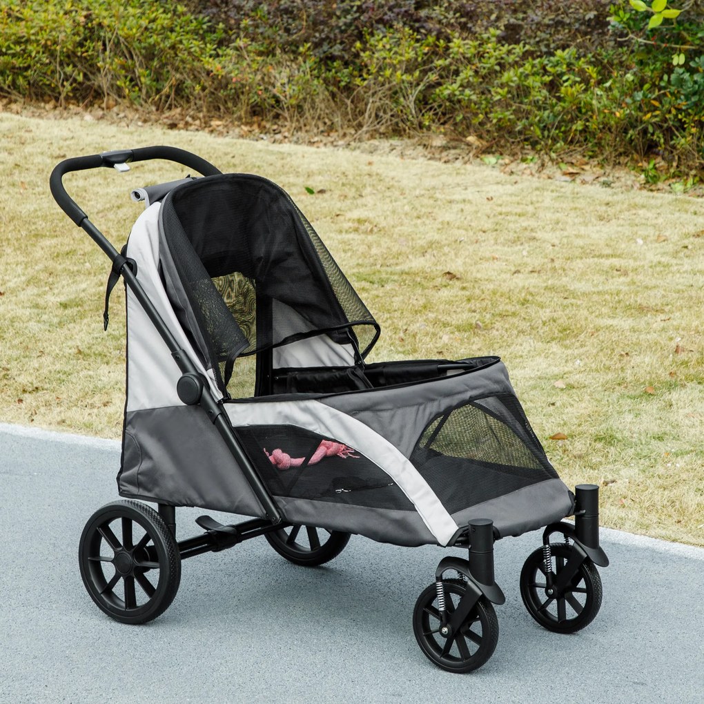Carrinho Dobrável para Cães com Janelas de Malha Almofadado Lavável Correias de Segurança 124x67x100 cm Cinzento Escuro