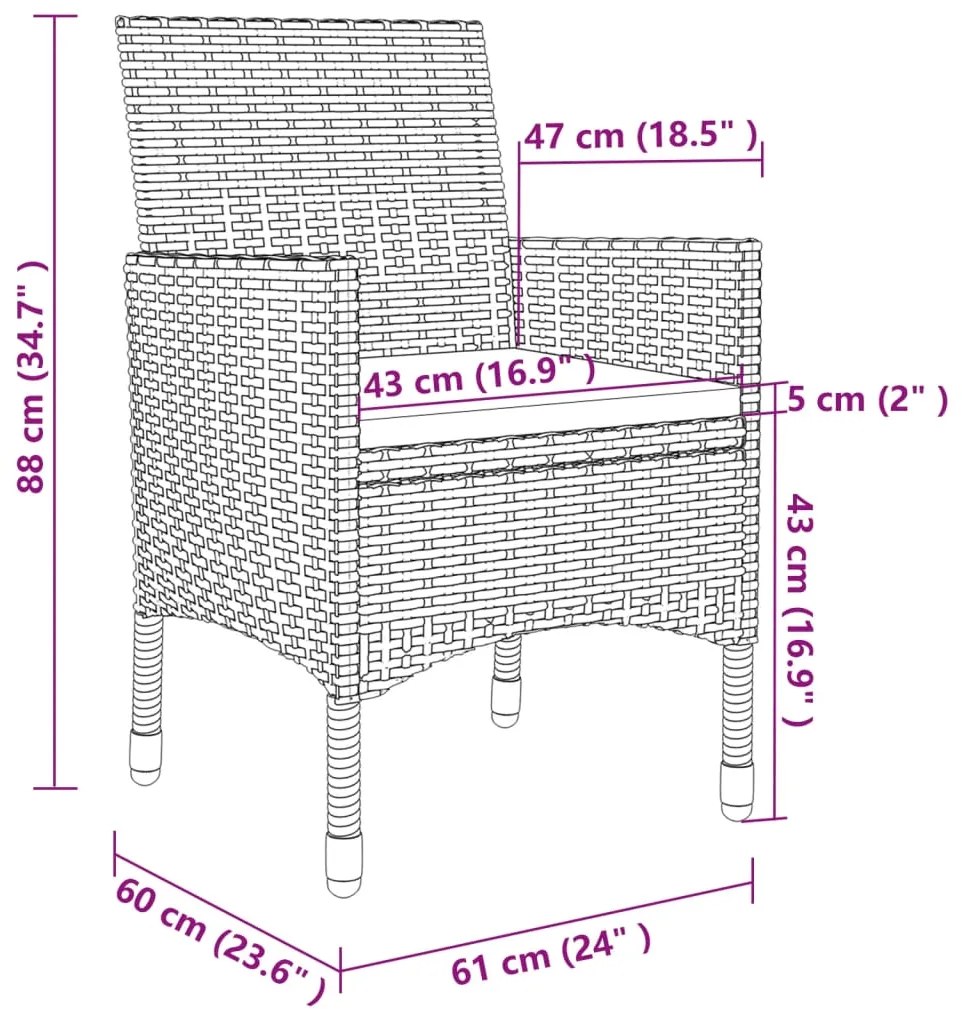 7 pcs conjunto jantar exterior com almofadões vime PE cinzento