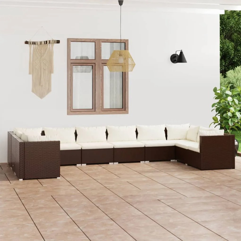 10 pcs conjunto lounge jardim c/ almofadões vime PE castanho