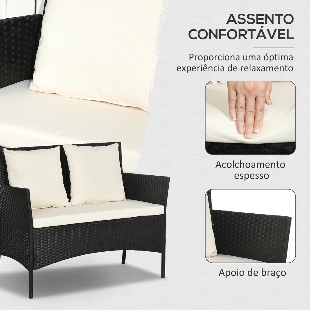 Conjunto de Jardim de Vime Sintético com 2 Poltronas 1 Sofá de 2 Lugares 1 Mesa de Centro e Almofadas Preto e Branco