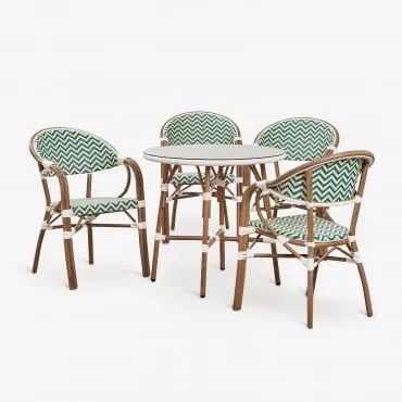 Conjunto De Mesa Redonda Ø80 Cm E 4 Cadeiras De Jantar Empilháveis Com Apoios De Braços Em Alumínio Brielle Bistro Verde Couve - Gardénia Branco -