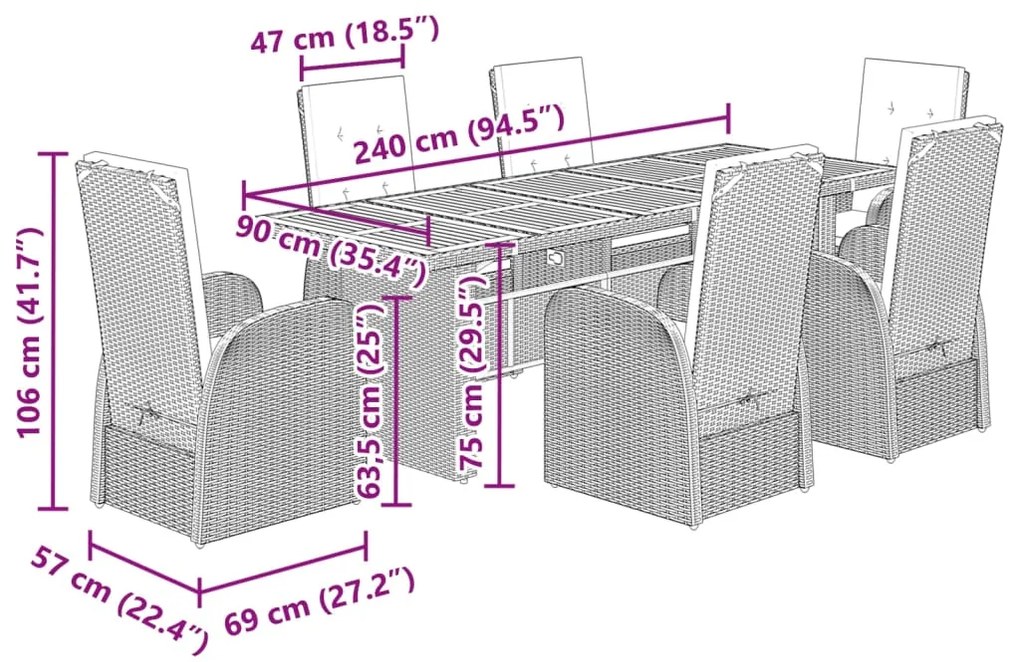 7 pcs conjunto de jantar p/ jardim c/ almofadões vime PE cinza