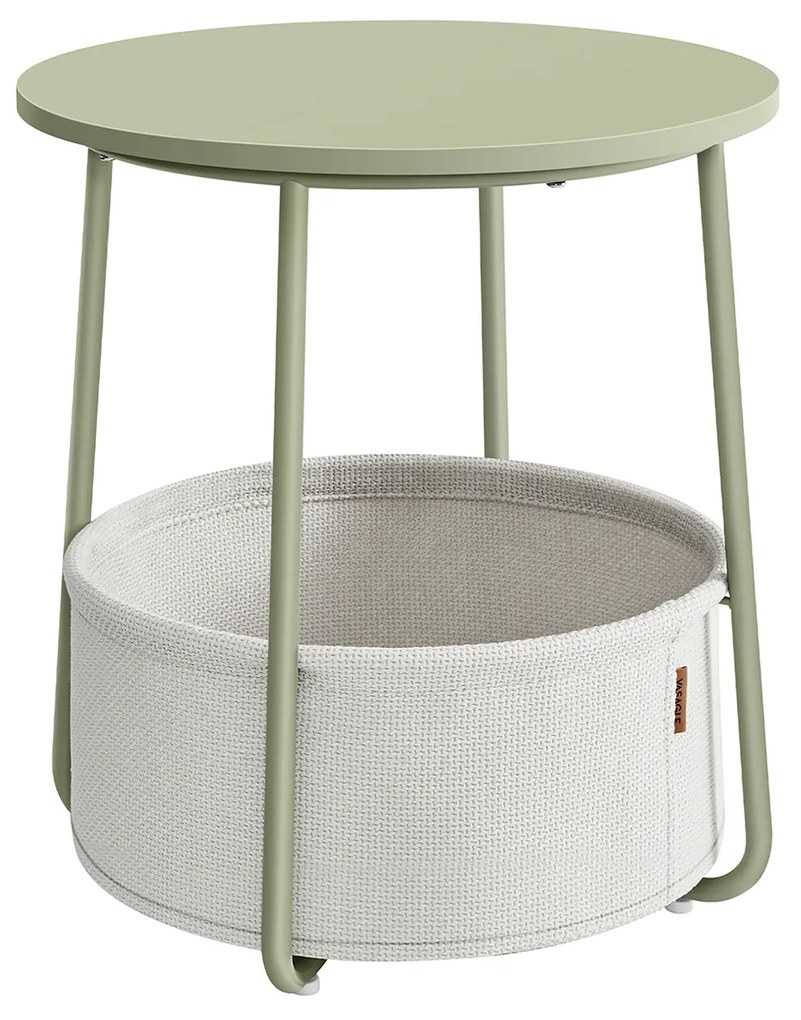 Mesa lateral redonda pequena VASAGLE, mesa de cabeceira moderna com cesto de tecido, mesa de cabeceira para sala de estar e quarto, verde louro e branco creme LET223C69