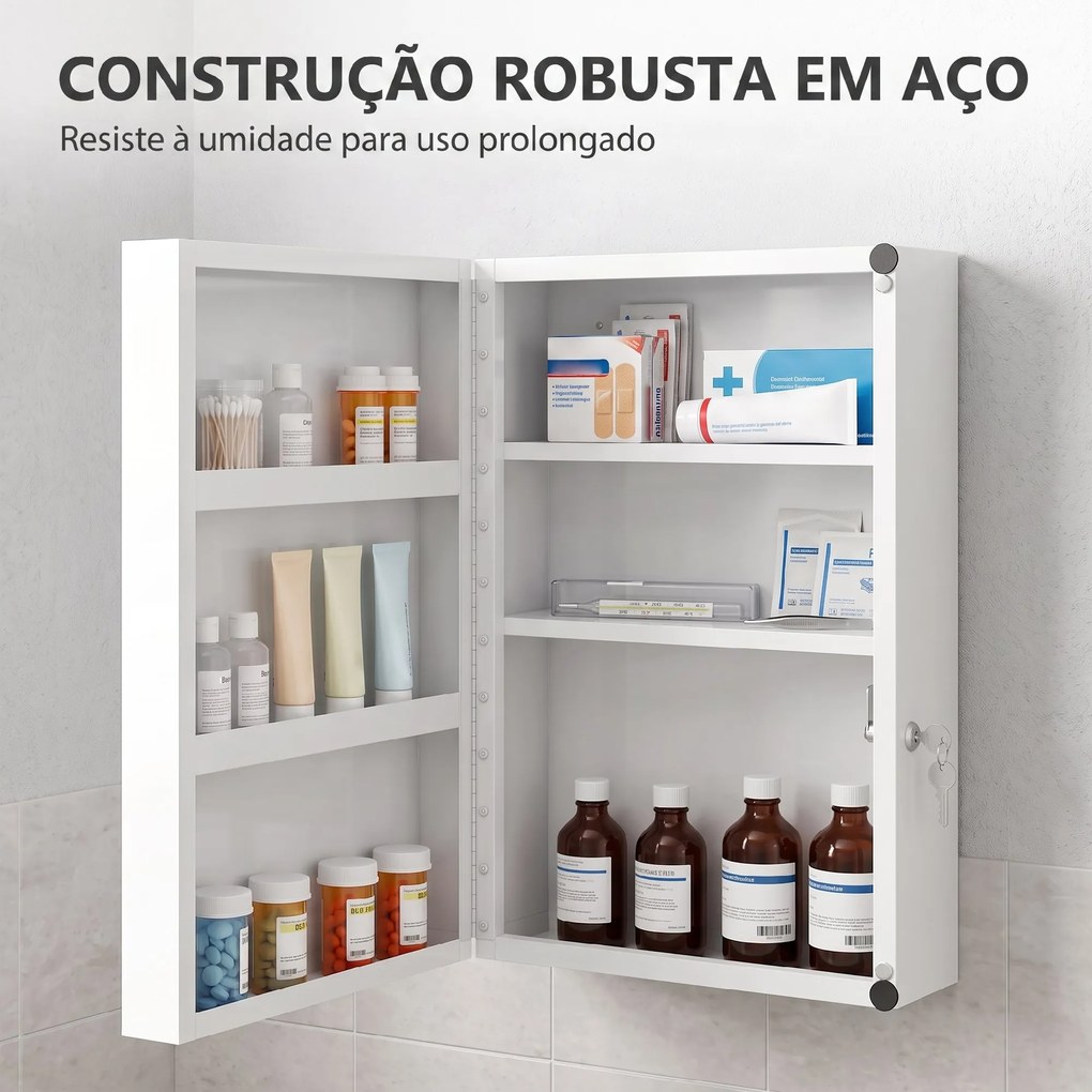 Armário de Medicamentos de Parede com 6 Compartimentos Fechadura e 2 Chaves para Casa de Banho e Cozinha 40x18x60 cm Branco