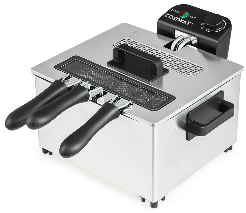 Fritadeira elétrica de 2000 W com 3 cestos Temperatura ajustável e tampa com janela de visualização uso doméstico Prata e preto