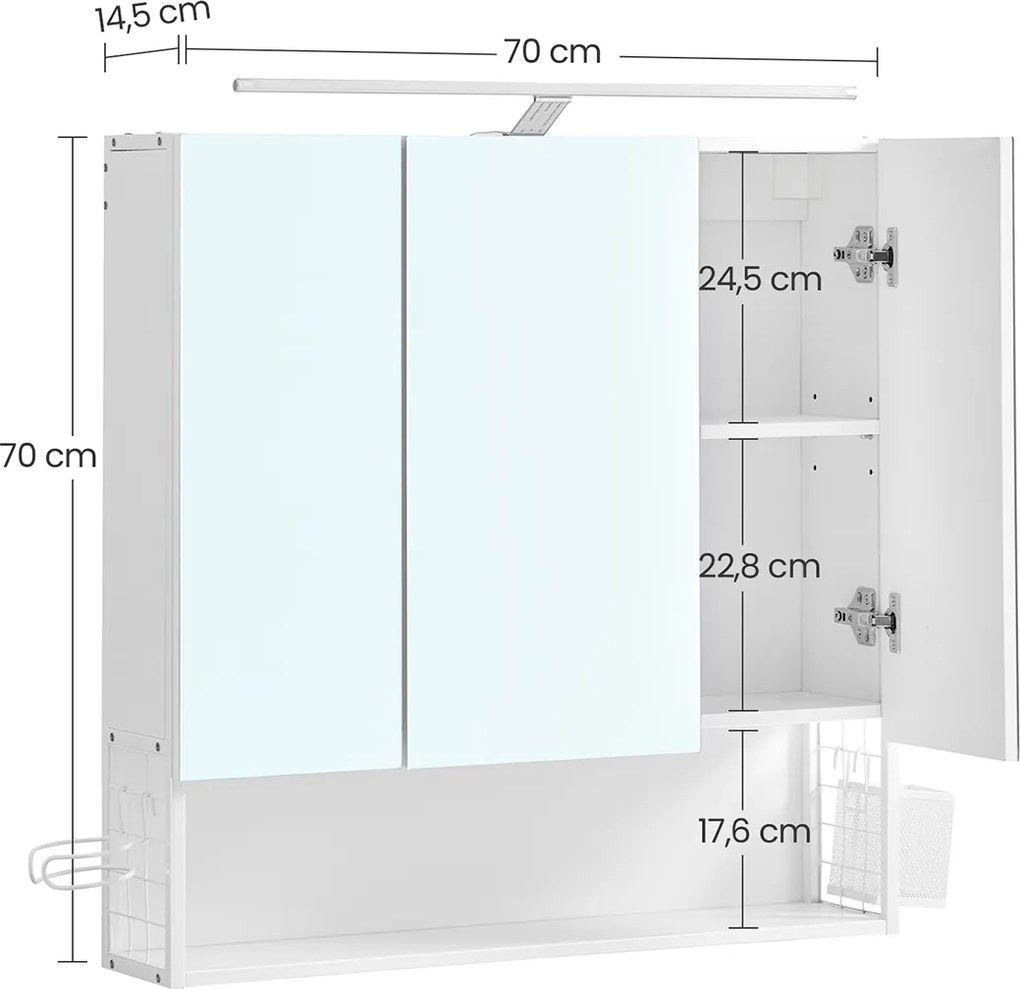 Armário espelho de casa de banho de 3 portas com iluminação e prateleira regulável em altura 14,5 x 70 x 70 cm Branco