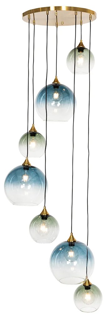 Candeeiro de suspensão Art Déco em latão com vidro azul redondo 7 luzes - Sandra Art Deco