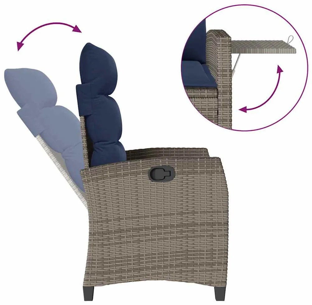 Cadeira de jardim reclinável com mesa de apoio vime PE cinzento