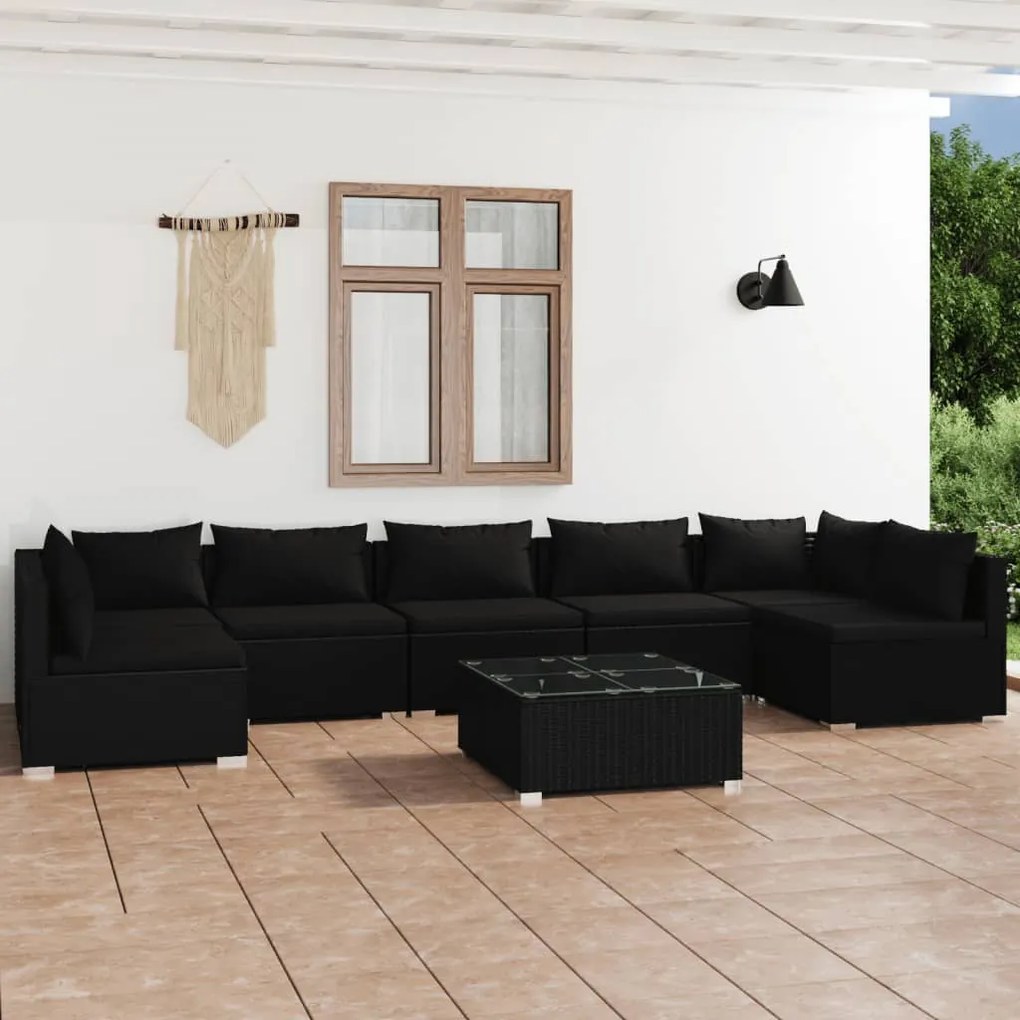 vidaXL 8 pcs conjunto lounge de jardim c/ almofadões vime PE preto