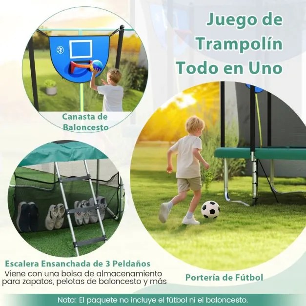 Trampolim retangular 3 em 1 com escada 317 cm x 255 cm x 270 cm, cesto de basquetebol e baliza de futebol, trampolim para crianças, verde.