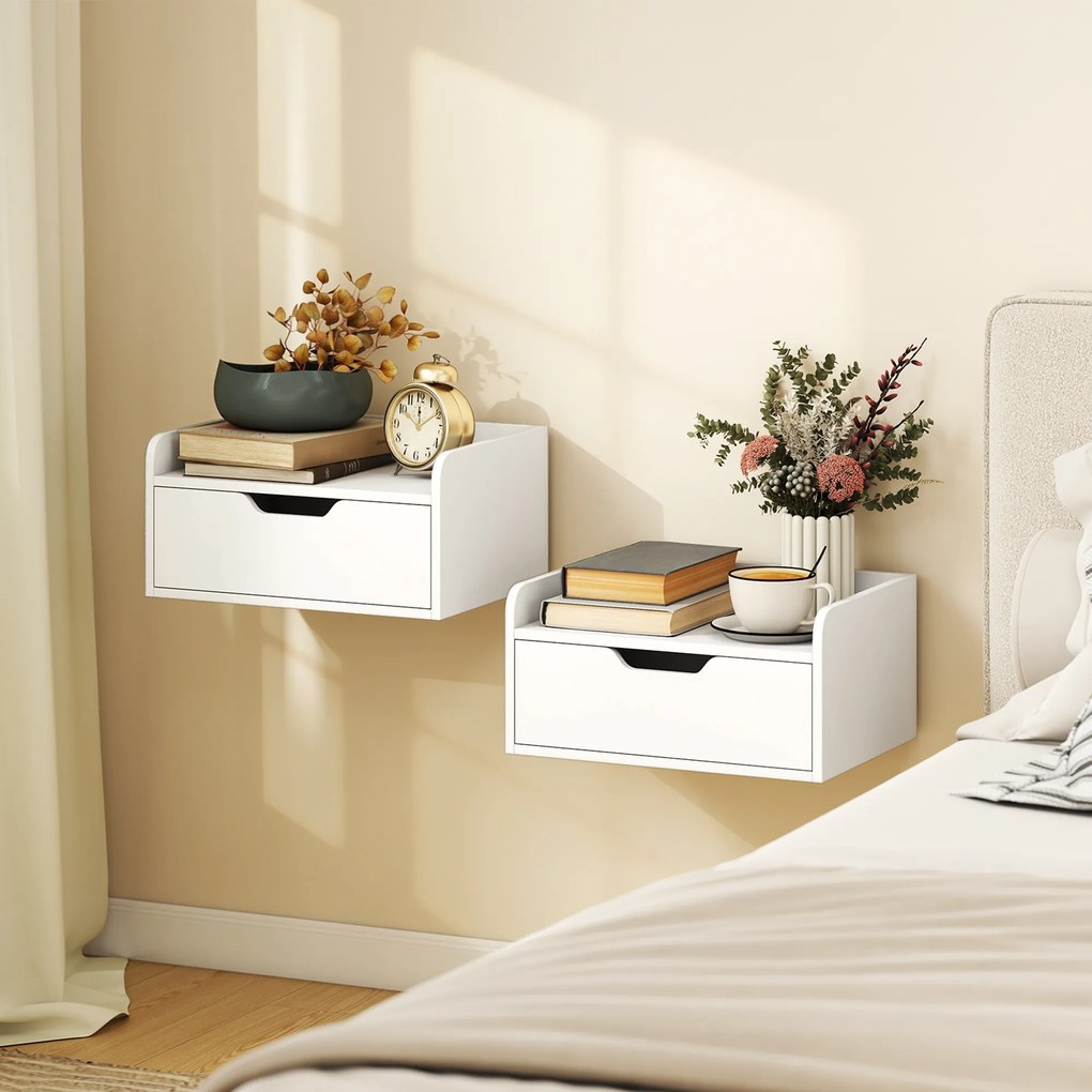 Conjunto de 2 Mesas de Cabeceira de Parede, 40 x 30 x 19,5 cm, Suspensas, Branco