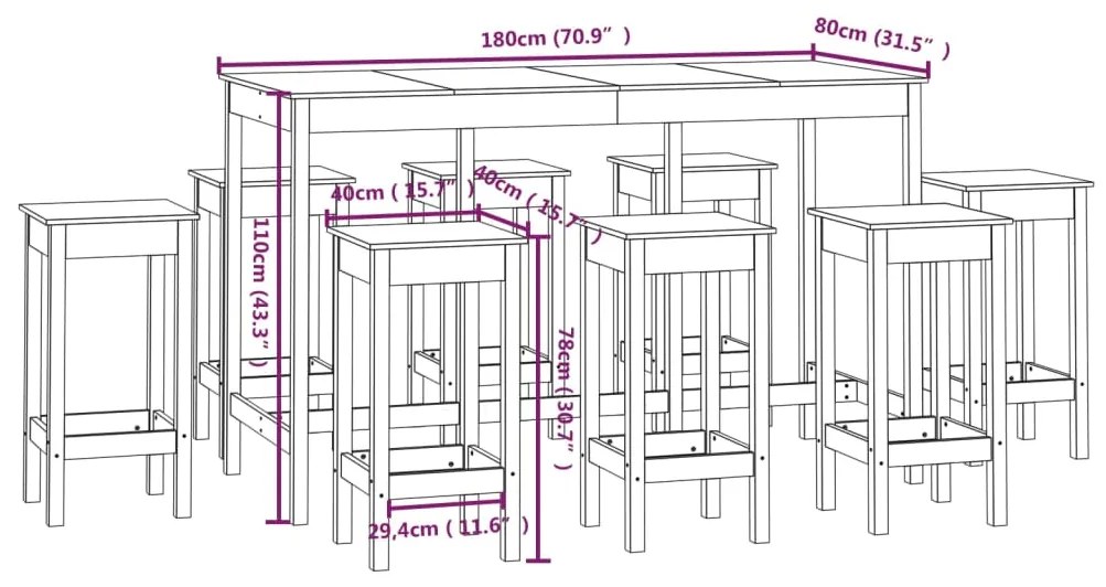 9 pcs conjunto de bar pinho maciço branco