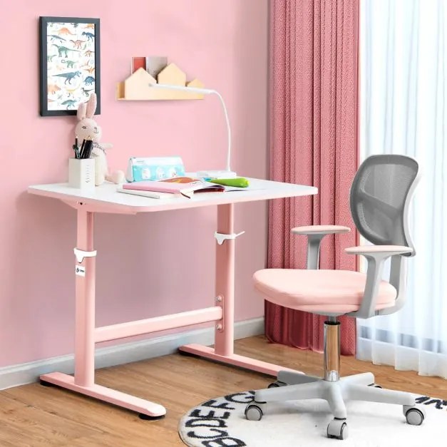 Cadeira de secretária ergonómica para crianças com rodas Cadeira giratória para computador Apoio lombar ajustável em altura Rosa