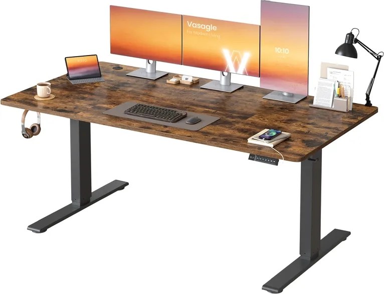 Secretária elétrica com altura ajustável 160 x 80 x (72-120) cm, porta USB e função de memória, castanho vintage