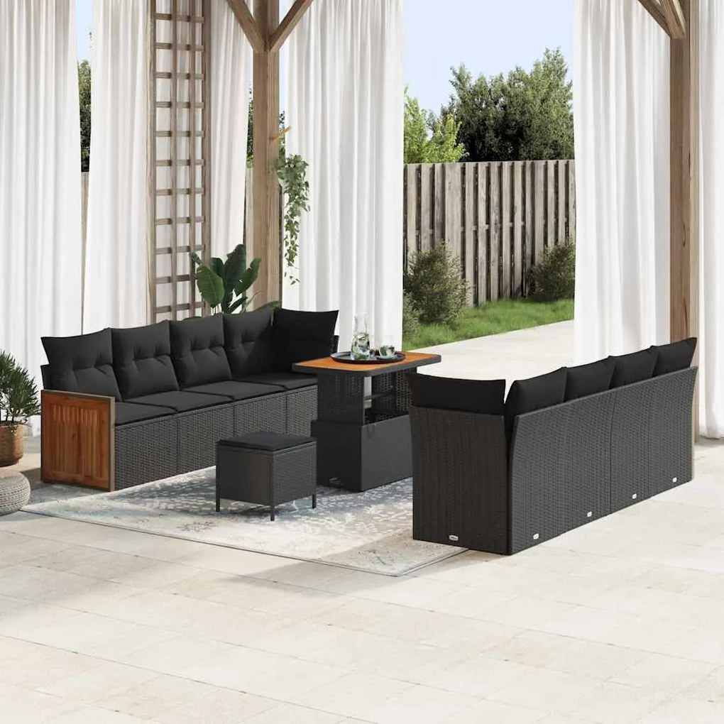 Conjunto de Sofá de Jardim vidaXL de 11 Peças com Almofadas Preto Vime