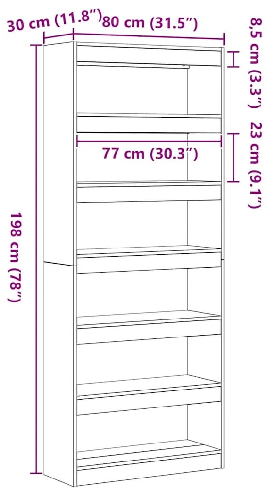 Armário de Livros/Divisor de Ambiente em Carvalho Preto 80x30x198 cm